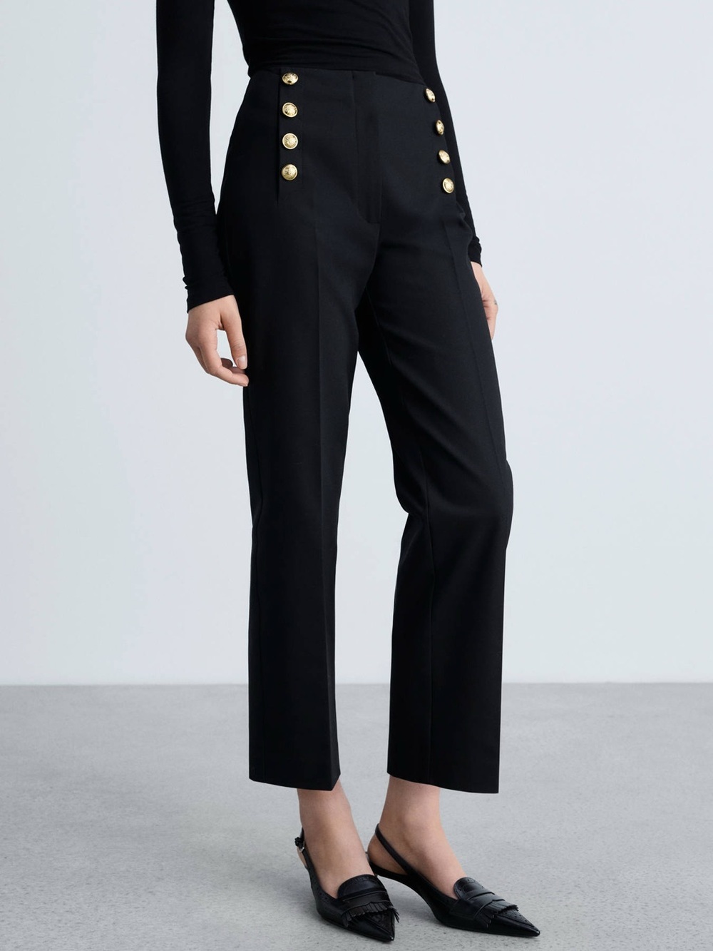 Mango MNG Black Cotton Blend Sailor Gold Button High Waisted Trousers - US 4